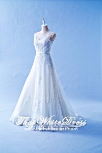 502W13 XJ Illusion Neck Cap Sleeves Lace Train A line Wedding Dress Designer Malaysia