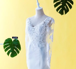 75LLW01 LL FM Long Sleeves V neck Alencon Lace Duchesse Satin Trumpet Malaysia Baju Pengantin Baju Nikah Kahwin