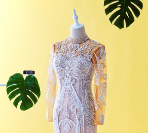 75LLW02 LL Fatine Long Sleeves High Collar Trumpet Champagne Malaysia Baju Pengantin Baju Nikah Kahwin