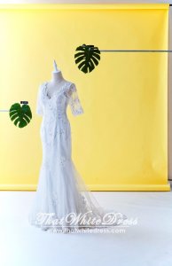 405W002 Mermaid Trumpet Quarter Long Lace Sleeves Wedding Dresss Malaysia Baju Pengantin KL