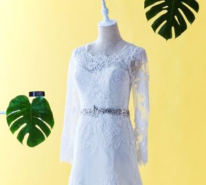 502W14 XJ Long Sleeves Straight Neck Full Lace A line Crystal Belt Malaysia Baju Pengantin Baju Nikah Kahwin