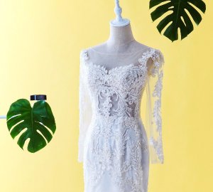 75LLW03 LL Long Sleeves Illusion Bodice Light Beige Trumpet Button Back Back Malaysia Baju Pengantin Baju Nikah Kahwin