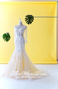 75LLW03 LL Long Sleeves Illusion Bodice Light Beige Trumpet Button Back Back Wedding Dresss Malaysia Baju Pengantin KL