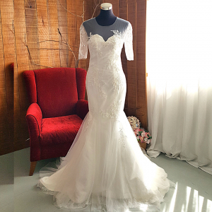 9 French Chantilly Lace 3/4 Sleeves Wedding Dress Mermaid Trumpet Baju pengantin Kahwin Malaysia Muslimah bride