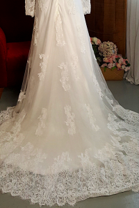 23 French Chantilly Lace and Alencon Corded Lace Long Sleeves Ivory Wedding Dress A line Flare Baju pengantin Kahwin Malaysia Muslimah Nikah