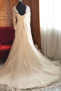 14 French Embroidered Lace Long Sleeves Ivory Wedding Dress A line Flare Baju pengantin Kahwin Malaysia Muslimah bride Church