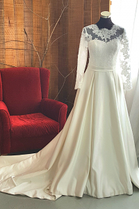 12 Minimalist Long sleeves Duchess Satin French Alencon Corded Lace A line Princess Beading Wedding Dress Gaun Baju Pengantin Muslimah Kahwin Nikah Sanding Malaysia Kuala Lumpur Petaling Jaya Rental 