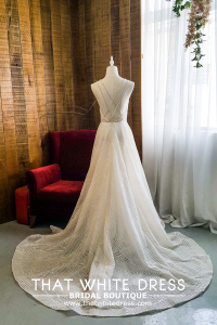 201RYW02 Olivia Champagne Spag Geometry A line a Bride Wedding Event Reception Dinner Dress rental Malaysia