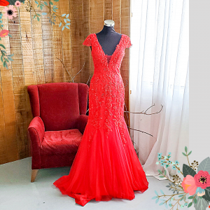 202BYE01 Verona Red Cap Sleeves V neck Trumpet Evening Dress rental Malaysia