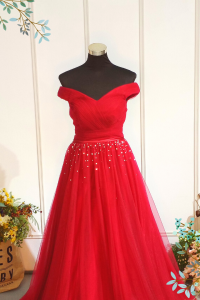 601E07 BR Off Shoulder Maroon Princess A line evening dress rental c