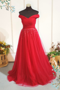 601E07 BR Off Shoulder Maroon Princess A line evening dress rental