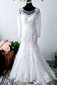 608LL07 LL Illusion neckline Zip back Trumpet long sleeves pengantin kahwin gaun sewa