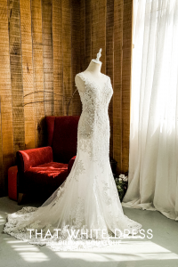 711LLW03 Mischa Boatneck illusion neckline in trumpet Alencon Chantilly lace Bridal Gown Signature Designer Custom make rental Kuala Lumpur