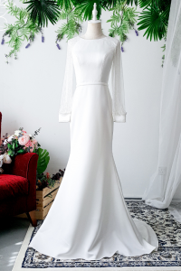 808BYW01 Meghan Long Sleeves Plain Satin Sparkle sleeves wedding dress minimalist crepe Malaysia rent