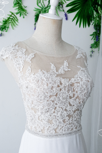 808BYW02 Monroe Cap sleeves lace Illusion neckline Plain Crepe Chiffon Minimalist bride wedding Malaysia Button Back
