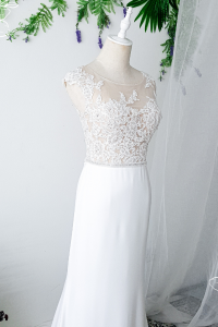 808BYW02 Monroe Cap sleeves lace Illusion neckline Plain Crepe Chiffon Minimalist bride wedding Malaysia