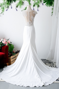 808BYW02 Monroe Cap sleeves lace Illusion neckline Plain Crepe Chiffon Minimalist bride wedding Malaysia Button Back