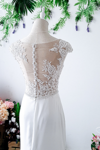 808BYW02 Monroe Cap sleeves lace Illusion neckline Plain Crepe Chiffon Minimalist bride wedding Malaysia Button Back