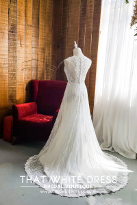 906BY04W01 Carina Deep V illusion back A line stripes Bridal Gown Signature Designer Custom make rental Kuala Lumpur