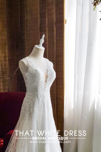 906BY04W01 Carina Deep V illusion back A line stripes button back Bride Wedding Dress Designer Premium White Rental Kuala Lumpur