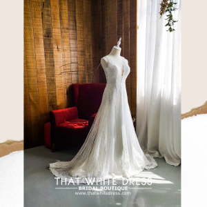906BY04W01 Carina Deep V illusion back A line stripes Bride Wedding Gown Premium Designer Malaysia rental