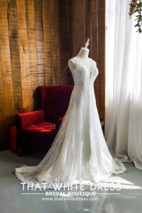 906BY04W01 Carina Deep V illusion back A line stripes Bride Wedding Gown Premium Designer Malaysia rental