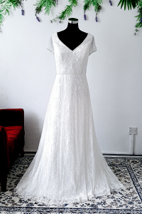 906BY04WL01 Farina Plus size Bride Cap Sleeves A line stripes Pengantin Besar sewa Malaysia V neck Low back wedding dress