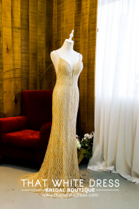 906LLE02 Thrisha Gold Spaghetti Strap full beadings sequins Trumpet Mermaid Bride Wedding Gown Premium Designer Malaysia rental