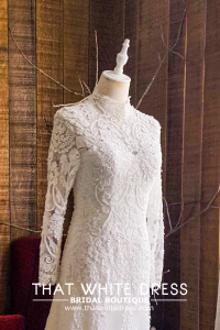 906LLW03 Fhrisha Long Sleeves Baroque A line Full French Lace Button Back  High Neck Collar Bridal Gown Signature Designer Custom make rental Kuala Lumpur