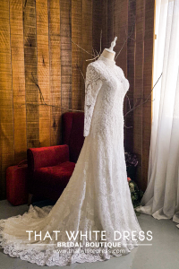 906LLW03 Fhrisha Long Sleeves Baroque A line Full French Lace Button Back High Neck Collar Bride Wedding Gown Premium Designer Malaysia rental