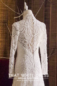 906LLW03 Fhrisha Long Sleeves Baroque A line  French Lace Button Back High Neck Collar Bride Wedding Dress Designer Premium White Rental Kuala Lumpur