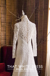 906LLW03 Fhrisha Long Sleeves Baroque A line g  French Lace Button Back  High Neck Collar Bride Wedding Gown Premium Designer Malaysia rental