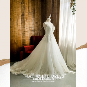 910BY05W02 Barrie Strap V illusion neck A line lace train a  Low Back Button Bride Wedding Gown Premium Designer Malaysia rental