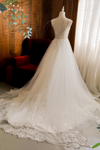 910BY05W02 Barrie Strap V illusion neck A line lace train c  Low Back Button Bride Wedding Gown Premium Designer Malaysia rental