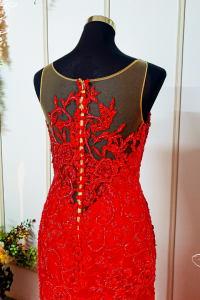 204LLE02 Maddie Red Illusion Deep V Button Back Trumpet Evening Dress Wedding Reception Chinese Malaysia tea ceremony