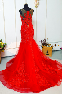 204LLE02 Maddie Red Illusion Deep V Button Back Trumpet Evening Dress Wedding Reception Chinese Malaysia tea ceremony rental