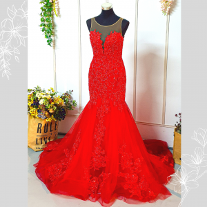 204LLE02 Maddie Red Illusion Deep V Button Back Trumpet Evening Dress Wedding Reception Chinese Malaysia Tea ceremony