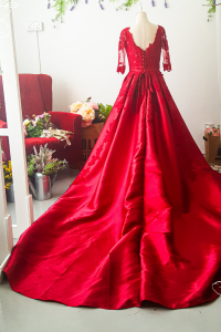 Evening Dress 603CSEL01 Maroon Long Sleeves Mikado Silk Satin Princess Event Reception Wedding Rental Plus Size Bride a