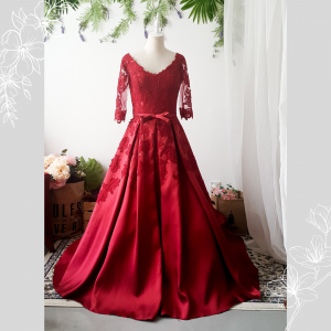 Evening Dress 603CSEL01 Maroon Long Sleeves Mikado Silk Satin Princess Event Reception Wedding Rental Plus Size Bride