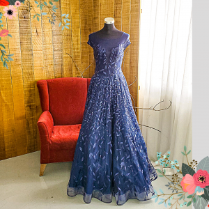 Evening Dress 711XNE05 Marinbla Navy illusion neckline leaf sequined A line wedding reception kahwin sewa