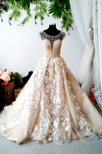 Evening Dress 711XNE07 Champagne sequined bodice floral train Princess a Wedding Event Reception Dinner Dress rental Malaysia