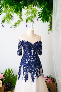 Evening Dress 801LLEL01 Plus Shirla Blue Quater sleeves Champange with blue lace A line  Plus size Event Reception Dinner Dress rental Malaysia bride