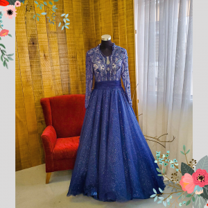 Evening Dress 807XNEL01 Plus Kelly Navy Blue High neck illusion Princess Tie kahwin pengantin sewa wedding reception