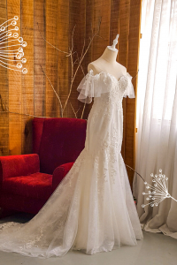 202BYW02 Ferona Off Shoulder Floral trumpet c Button Back Bridal Gown Signature Designer Custom make rental Kuala Lumpur