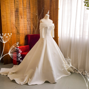 203BYW03 Saleena Off shoulder Long Sleeves Duchess Satin Princess a Bride Wedding Dress Designer Premium White Rental Kuala Lumpur