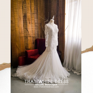 910LLW07 Darla Long Sleeves baroque lace trumpet high collar neck a  Gaun Pengantin Muslimah Malaysia sewa Kahwin Nikah button back