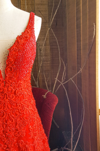 204LLE03 Saddie Red Deep V embellished bodice A line d Bridal event wedding dress reception rental custom make