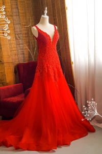 204LLE03 Saddie Red Deep V embellished bodice A line c Bridal event wedding dress reception rental custom make