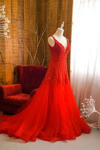 204LLE03 Saddie Red Deep V embellished bodice A line e Bridal event wedding dress reception rental custom make