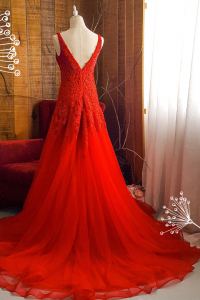 204LLE03 Saddie Red Deep V embellished bodice A line f Bride Wedding Event Reception Dinner Dress rental Malaysia